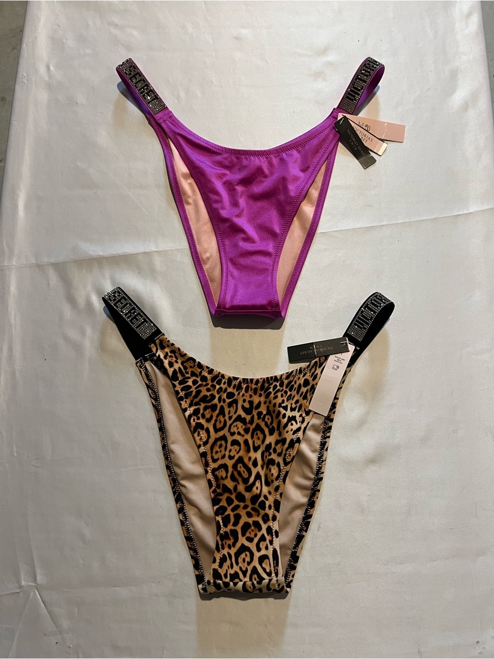 Victoria's Secret Leopard Rhinestone Logo Bikini Swim Bottom set Women's L New